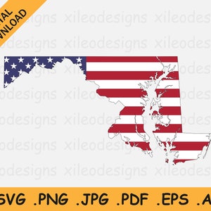 Może przedstawiać: Cyfrowy plik do pobrania z konturem stanu Maryland w kolorach amerykańskiej flagi. Kontur jest wypełniony czerwonymi i białymi paskami, z niebieskim polem gwiazd w lewym górnym rogu.