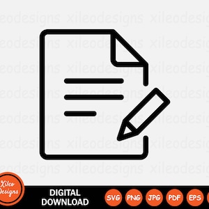 Könnte beinhalten: Schwarzweißes Linien-Symbol eines Dokuments mit drei Textzeilen und einem Bleistift rechts neben dem Dokument.