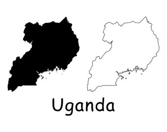Kaart van Oeganda, Oegandese kaart, zwart-wit gedetailleerde effen omtrek grens landkaart van Oeganda, Instant Digitale Download svg png eps ai