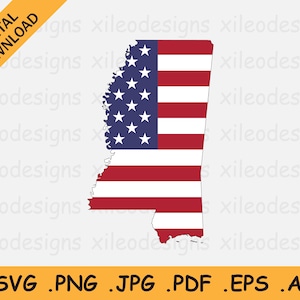 Puede incluir: Una descarga digital de un diseño gráfico vectorial que presenta el estado de Misisipi delineado en la forma de la bandera estadounidense.