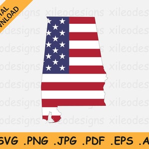 Alabama Kaart US Flag svg, AL USA op Amerikaanse vlag, Amerika State Banner Shape Border Outline, Cricut Cut File Vector Icon, eps ai png jpg pdf
