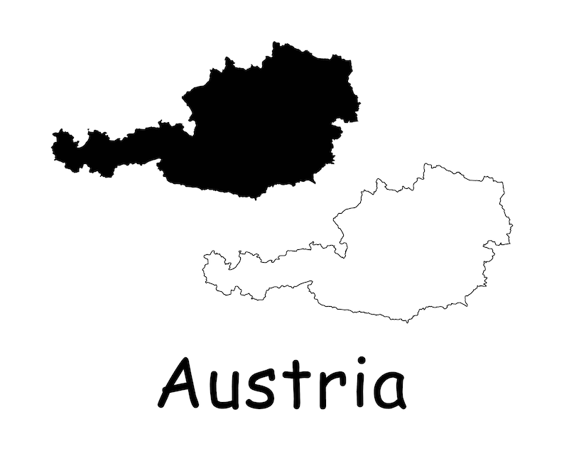 Carte de lAutriche, Carte du pays autrichien, Ligne frontalière nationale de lAutriche, Contour plein Noir Carte de lAutriche, Téléchargement numérique instantané svg png eps ai image 1