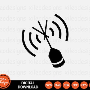May include: Black and white vector illustration of a wireless signal icon. The icon is a stylised representation of a signal tower with a series of waves emanating from it.