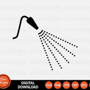 May include: Black and white silhouette of a watering can with a spray of water coming out of the spout. The water spray is represented by a series of dots.