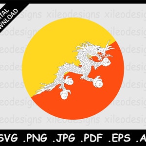 Puede incluir: La bandera nacional de Bután presenta un campo amarillo con un borde rojo. Un dragón blanco con una joya en su boca está centrado en la bandera.