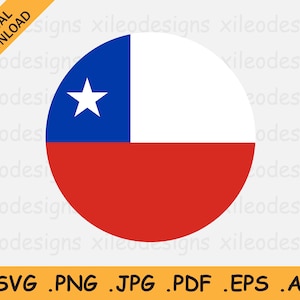 May include: A circular graphic of the flag of Chile. The flag is blue, white, and red. A white five-pointed star is in the blue portion of the flag.