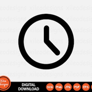 Peut inclure: Icône d'horloge noire et blanche avec un contour épais et une seule aiguille pointant vers 3 heures.