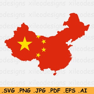 China Map Flag SVG - Carte de la Chine, Drapeau national chinois, Carte de la Chine SVG, Instant Digital Download Country Clipart Icon - eps ai png jpg pdf