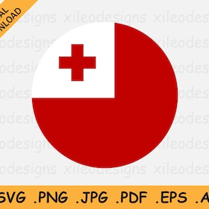 Op de afbeelding: Een rode en witte cirkel met een wit kruis in de linkerbovenhoek. De cirkel staat voor de vlag van Tonga.