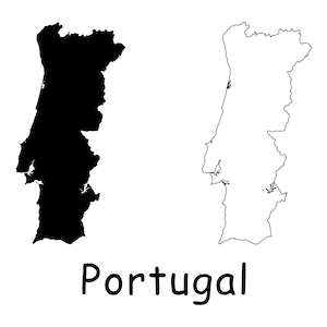 Karte von Portugal, portugiesische Karte, schwarz-weiße detaillierte durchgezogene Landkarte von Portugal, sofortiger digitaler Download svg png eps ai