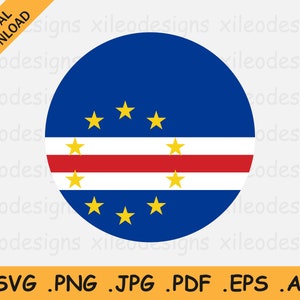 May include: A circular graphic of the flag of Cape Verde. The flag is blue with a red and white horizontal stripe in the center. There are ten yellow five-pointed stars on the flag.