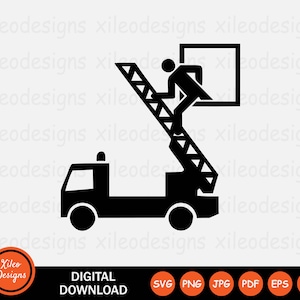 May include: Black and white silhouette of a truck with a ladder extending upwards. A person is climbing the ladder to reach a window.