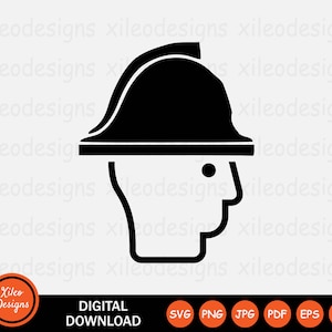May include: Black and white silhouette of a person wearing a hard hat. The person is facing to the right. The hard hat has a brim.