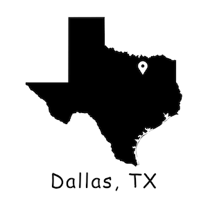 May include: A black silhouette of the state of Texas with a white location marker pinpointing Dallas. The text "Dallas, TX" is written in a handwritten style font below the map.