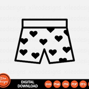 May include: Black and white line art illustration of a pair of shorts with a heart pattern.