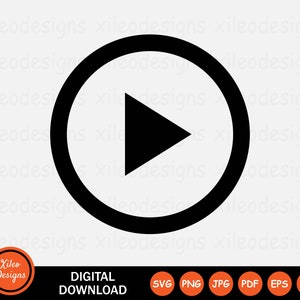以下が含まれることがあります： 円の中に白黒の再生ボタンのアイコン。SVG、PNG、JPG、PDF、EPS、AI形式でデジタルダウンロードできます。
