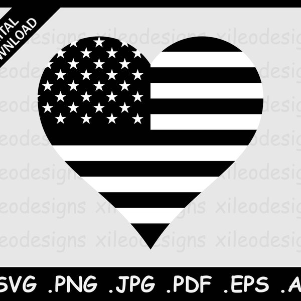 USA Black and White Heart Flag SVG, US Monochrome Love Shape Flag, United States of America American Star Spangled Banner png jpg pdf eps ai