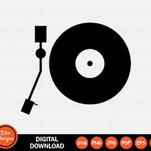 May include: Black and white silhouette of a record player with a turntable and tonearm. The record player is a digital download and available in SVG, PNG, JPG, PDF, EPS, and AI formats.