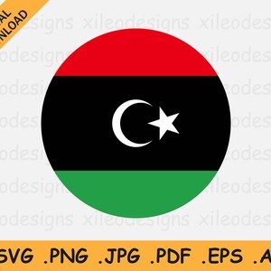 May include: A circular graphic of the flag of Libya. The flag is red, black, and green with a white crescent moon and star in the center.