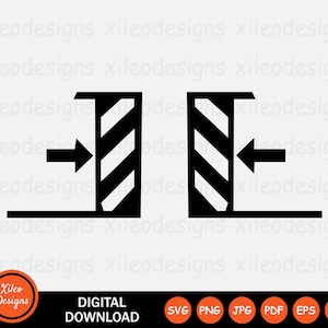 Puede incluir: Gráfico en blanco y negro de una puerta con un patrón a rayas y una flecha que apunta hacia la izquierda. La puerta está cerrada y la flecha indica la dirección del movimiento.