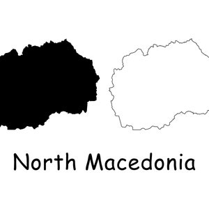 Mapa de Macedonia del Norte, contorno sólido detallado en blanco y negro, mapa de límites del país de Macedonia del Norte, descarga digital instantánea svg png eps ai