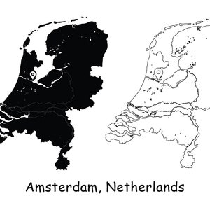 Amsterdam Nederland Kaart Hoofdstad Stad Locatie Pin Zwart Wit Silhouet Schets Geografie Regio Holland Nederlands jpg svg png ai eps