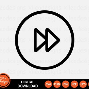 May include: Black and white icon of a fast forward button inside a circle. The button is a stylized arrow pointing to the right.