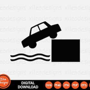 Car Drive Off Cliff Icon Vehicle Fall Falling into Water Sea Vector Symbol Sign Graphic Clipart Cricut Digital Cut svg png jpg eps pdf ai