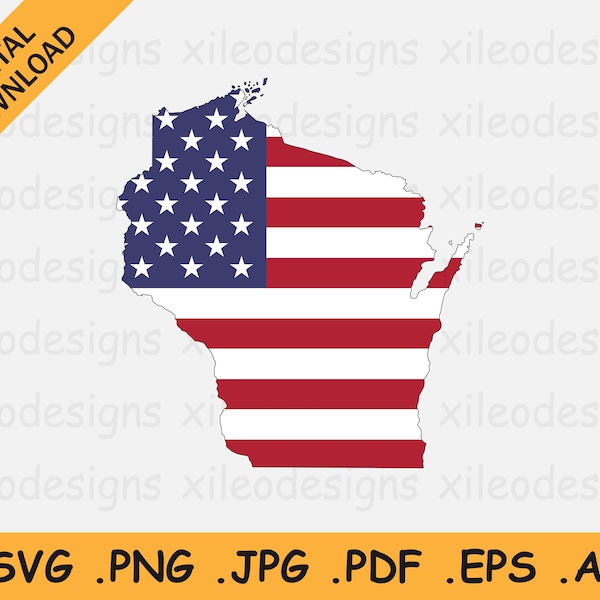 Wisconsin Map US Flag svg - WI USA on American Flag, America State Banner Shape Border Outline, Cricut Cut File Vector, eps ai png jpg pdf