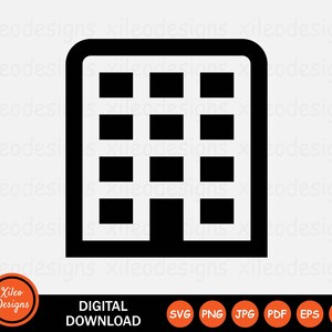Puede incluir: Silueta en blanco y negro de un edificio con varias ventanas y una puerta. El edificio tiene un techo plano y un diseño simple.