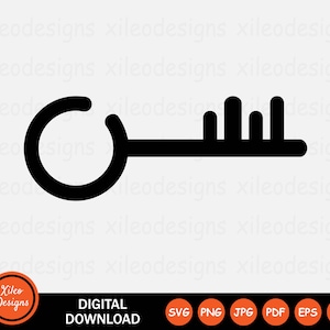 May include: Black and white silhouette of a key. The key has a round head and a long, thin shaft with a series of ridges on the end.