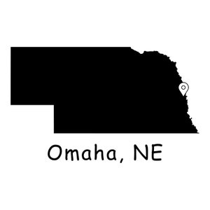 May include: Black and white silhouette map of Nebraska with a pin marking the location of Omaha, NE.