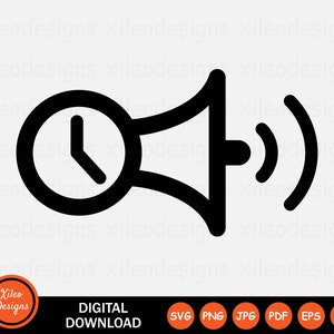 May include: Black and white icon of a clock and a megaphone with sound waves. The clock is on the left and the megaphone is on the right. The megaphone is pointing to the right and the sound waves are coming out of the megaphone.