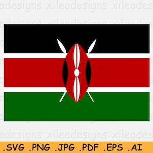 Könnte beinhalten: Die Flagge Kenias, ein horizontaler Dreifarbensatz in Schwarz, Rot und Grün mit einem weißen, roten und schwarzen Schild und zwei Speeren in der Mitte.