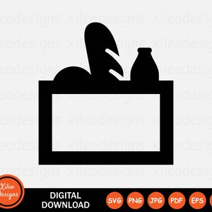 May include: Black and white silhouette of a grocery bag with a loaf of bread and a bottle of milk inside.