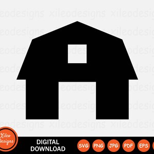 May include: Black silhouette of a barn with a single window. The barn is a simple geometric shape with a triangular roof and a rectangular base.