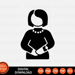 May include: Black and white silhouette of a person with short hair wearing a long-sleeved shirt and a necklace.