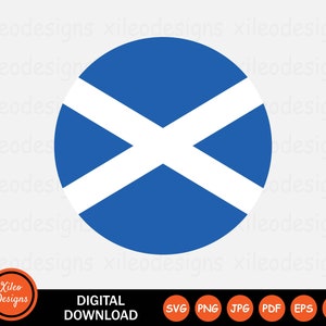 May include: A blue circle with a white diagonal cross, representing the flag of Scotland. The circle is surrounded by the text "xileodesigns" repeated multiple times. Below the circle, there is a logo that says "Xileo Designs" and the text "DIGITAL DOWNLOAD SVG PNG JPG PDF EPS AI".