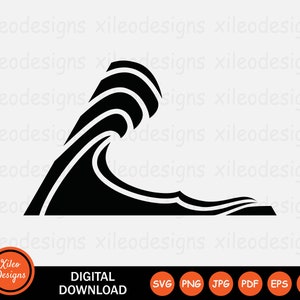 Pode incluir: Silhueta preta e branca de uma onda quebrando. A onda é estilizada e tem uma forma aguda e angular. A imagem é um download digital.