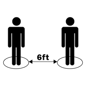 May include: Black and white illustration of two stick figures standing 6 feet apart, with arrows pointing in opposite directions. The text "6ft" is written between the figures.