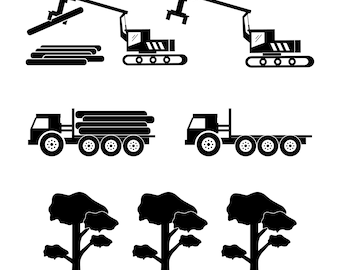 Abholzungs-Icons, Abholzungs-LKW, Abholzungs-Lader, Abholzungsausrüstung, Holzfäller-Maschinen-Bäume Sofortiger digitaler Download svg png eps ai