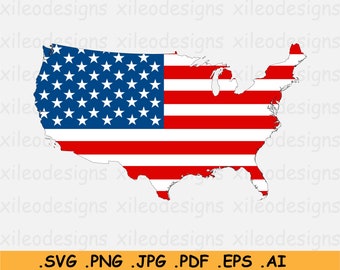 Carte du drapeau des États-Unis SVG - États-Unis d’Amérique, Bannière étoilée américaine américaine, Étoiles et rayures, Vieille gloire, Icône vectorielle - eps ai png jpg pdf