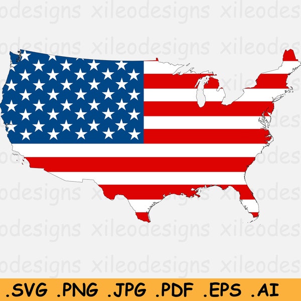 USA Flag Map SVG - United States of America, US American Star Spangled Banner, Stars and Stripes, Old Glory, Vector Icon- eps ai png jpg pdf