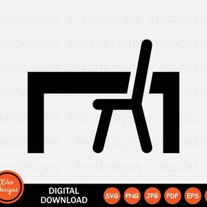 Puede incluir: Silueta en blanco y negro de un escritorio y una silla. El escritorio es un simple rectángulo con un borde recto y la silla tiene un respaldo y cuatro patas.