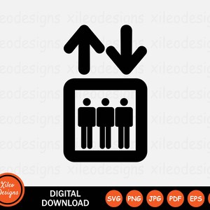 May include: Black and white silhouette of a lift with an up and down arrow and three stick figures inside. The lift is a digital download available in SVG, PNG, JPG, PDF, EPS, and AI formats.