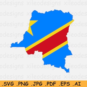 Mapa de la bandera de la República Democrática del Congo SVG - DRC Cricut Cut File, Country Nation Silhouette Outline, Clipart Vector - eps ai png jpg pdf