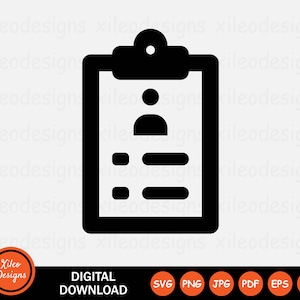 May include: Black and white icon of a clipboard with a person icon and three lines underneath. The clipboard has a rounded top and a clip at the top.