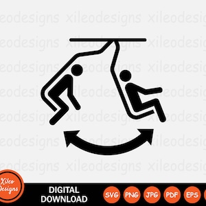 May include: Black and white illustration of a person getting into a chair lift and a person getting out of a chair lift. The chair lift is moving in a clockwise direction. The illustration is on a white background.