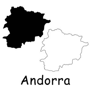 Mapa del país de Andorra, mapa sólido negro de Andorra, contorno detallado del mapa de Andorra, límite nacional, descarga digital instantánea svg png eps ai
