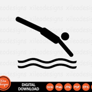 May include: Black and white silhouette of a person diving into a pool of water. The person is in mid-air, with their arms outstretched and their legs bent at the knees. The water is represented by two wavy lines.